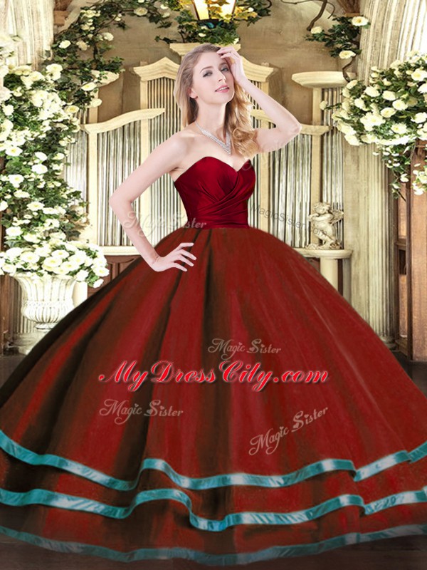 Wine Red Ball Gowns Sweetheart Sleeveless Tulle Floor Length Zipper Ruffled Layers 15th Birthday Dress