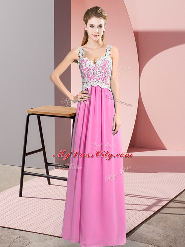 Rose Pink Zipper V-neck Lace Prom Evening Gown Chiffon Sleeveless