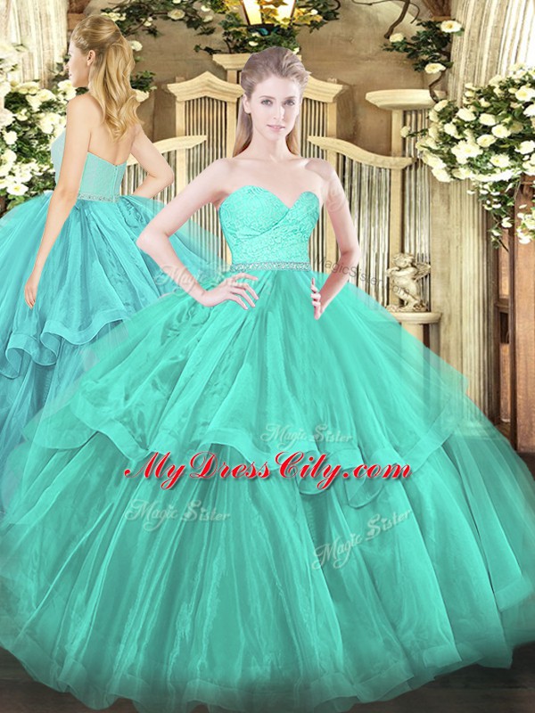 High Quality Turquoise Ball Gowns Sweetheart Sleeveless Tulle Brush Train Zipper Beading and Lace and Ruffled Layers Quinceanera Dresses