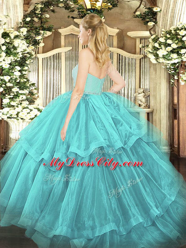 High Quality Turquoise Ball Gowns Sweetheart Sleeveless Tulle Brush Train Zipper Beading and Lace and Ruffled Layers Quinceanera Dresses