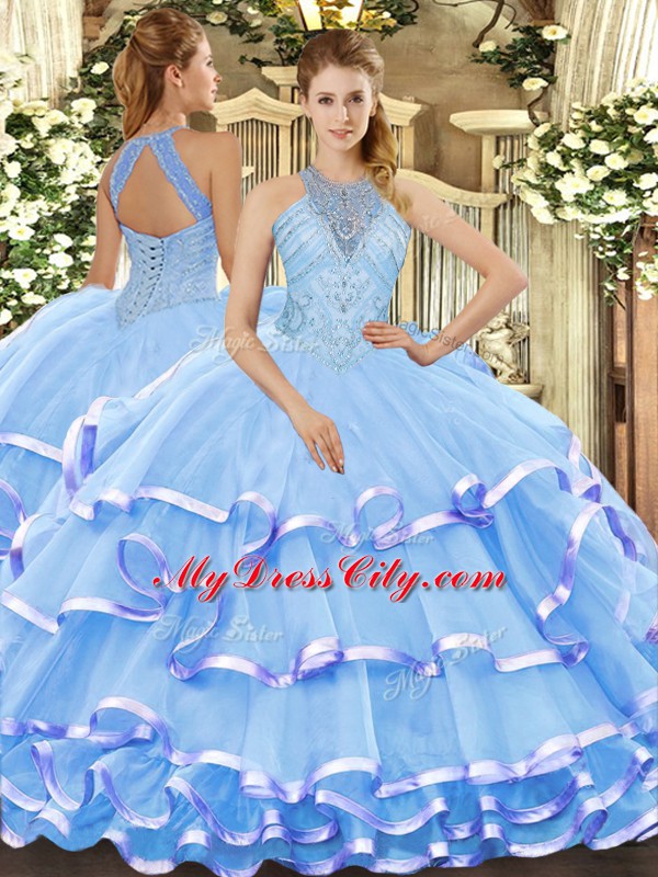 Excellent Aqua Blue Organza Lace Up Quinceanera Gown Sleeveless Floor Length Beading and Ruffled Layers