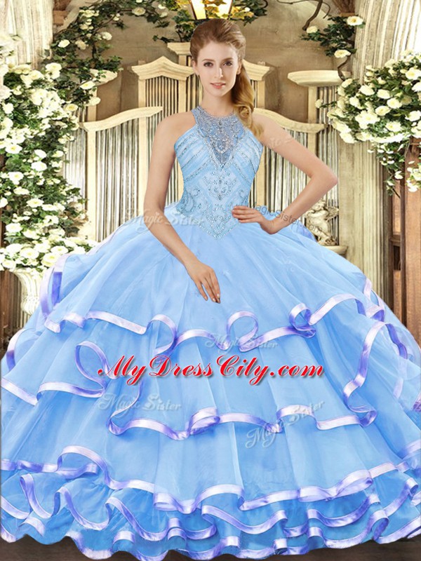 Excellent Aqua Blue Organza Lace Up Quinceanera Gown Sleeveless Floor Length Beading and Ruffled Layers