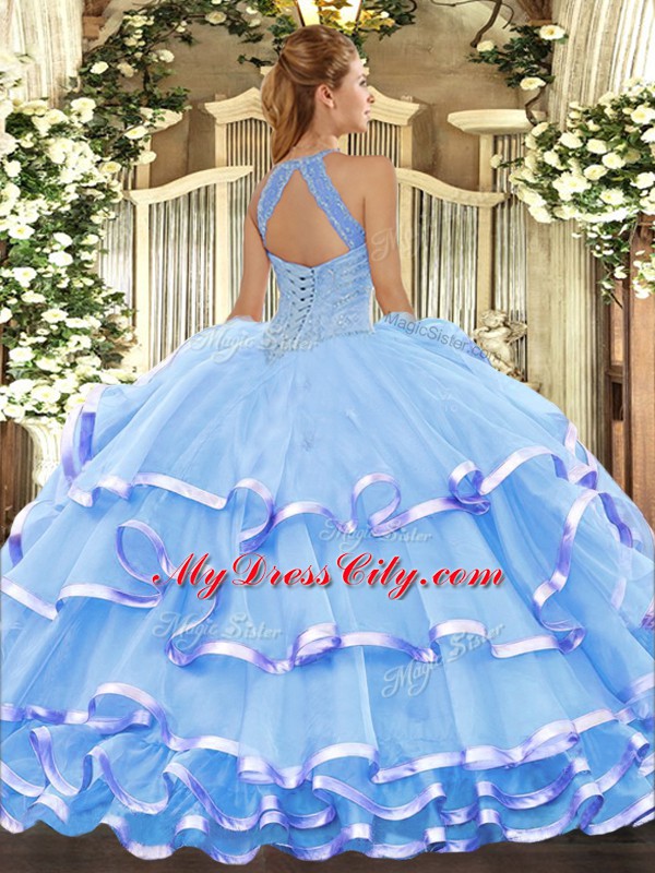 Excellent Aqua Blue Organza Lace Up Quinceanera Gown Sleeveless Floor Length Beading and Ruffled Layers