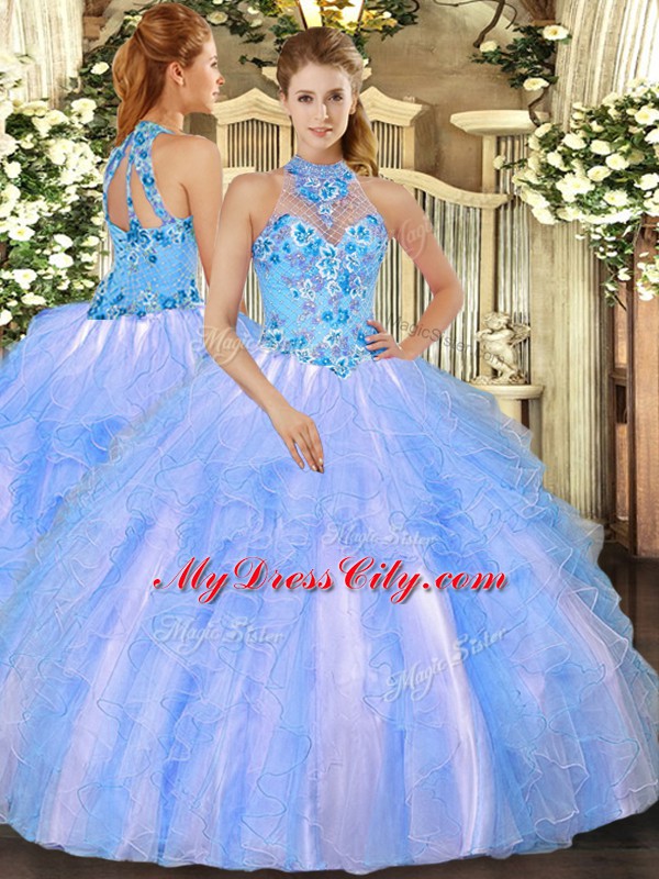 Romantic Halter Top Sleeveless Organza 15 Quinceanera Dress Embroidery and Ruffles Lace Up