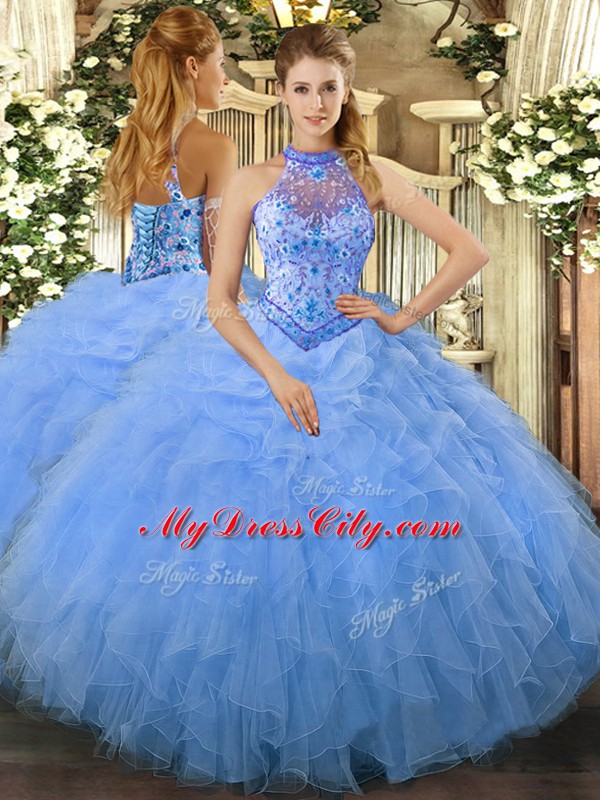 Shining Halter Top Sleeveless Vestidos de Quinceanera Floor Length Beading and Ruffles Baby Blue Organza