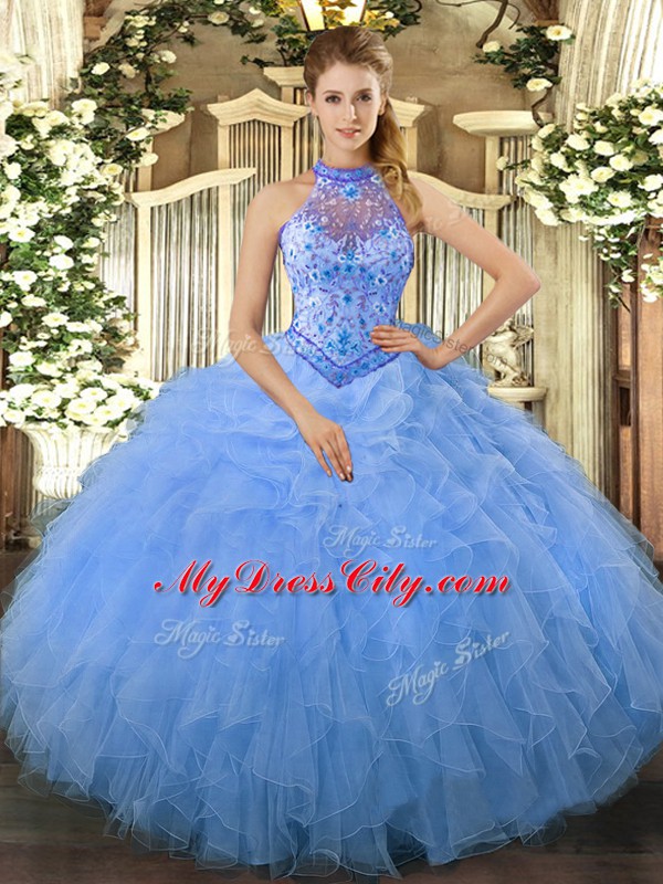 Shining Halter Top Sleeveless Vestidos de Quinceanera Floor Length Beading and Ruffles Baby Blue Organza