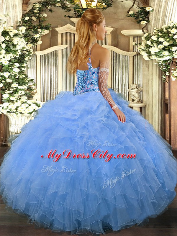 Shining Halter Top Sleeveless Vestidos de Quinceanera Floor Length Beading and Ruffles Baby Blue Organza