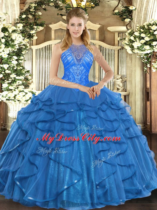 Vintage Sleeveless Organza Floor Length Lace Up Quinceanera Dresses in Teal with Beading and Ruffles