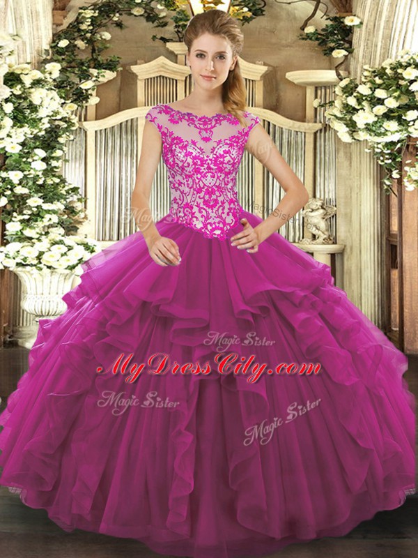 Customized Floor Length Fuchsia Quince Ball Gowns Organza Sleeveless Beading and Ruffles