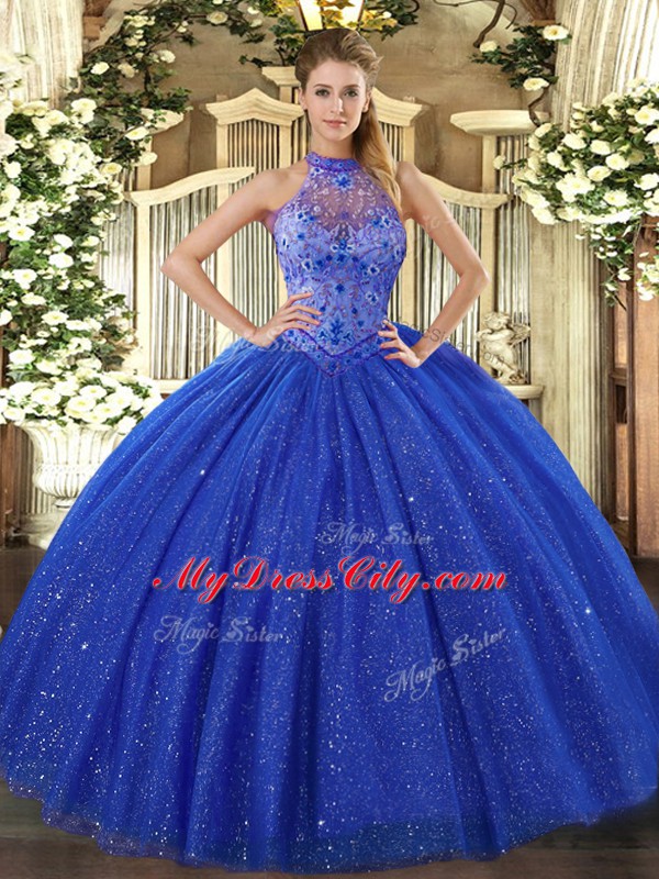 Ball Gowns Quinceanera Dress Royal Blue Halter Top Tulle and Sequined Sleeveless Floor Length Lace Up