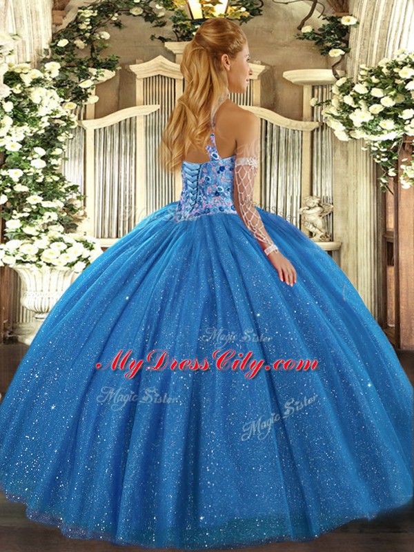 Ball Gowns Quinceanera Dress Royal Blue Halter Top Tulle and Sequined Sleeveless Floor Length Lace Up