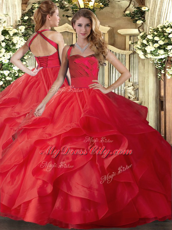 Red Lace Up 15 Quinceanera Dress Ruffles Sleeveless Floor Length