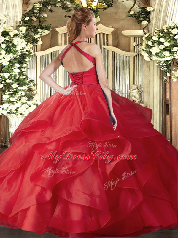 Red Lace Up 15 Quinceanera Dress Ruffles Sleeveless Floor Length