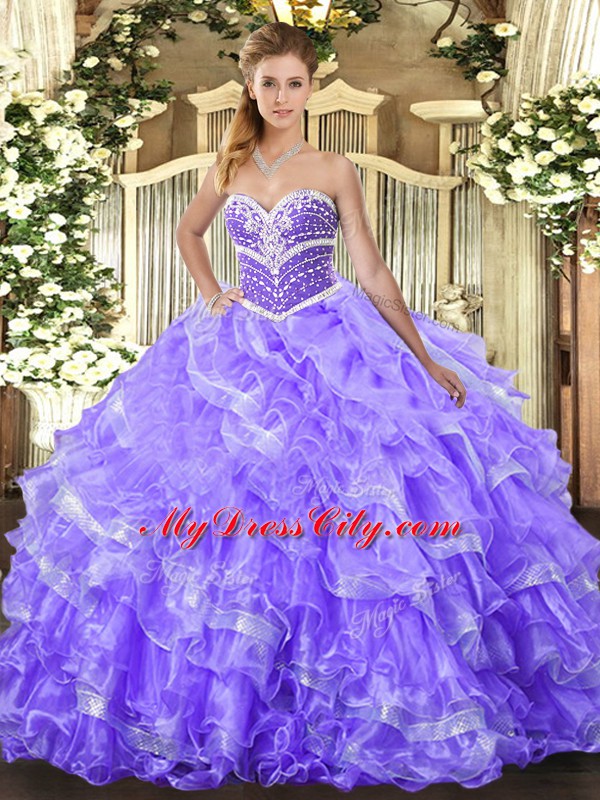 Stylish Sleeveless Lace Up Floor Length Beading and Ruffled Layers Vestidos de Quinceanera