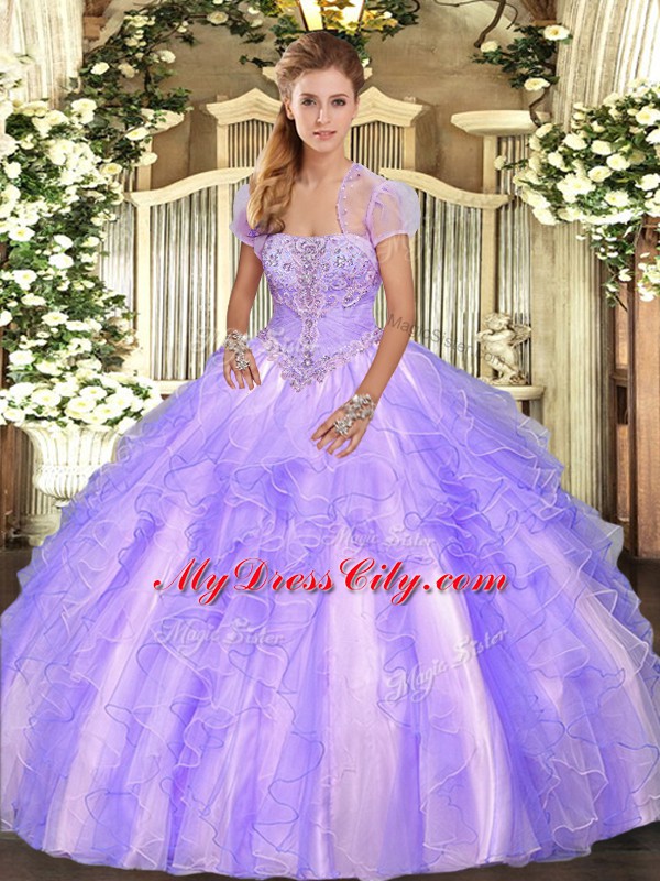 Lavender Sleeveless Tulle Lace Up Quince Ball Gowns for Military Ball and Sweet 16 and Quinceanera