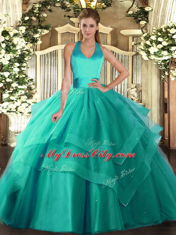 Turquoise Tulle Lace Up Quinceanera Gowns Sleeveless Floor Length Ruffled Layers