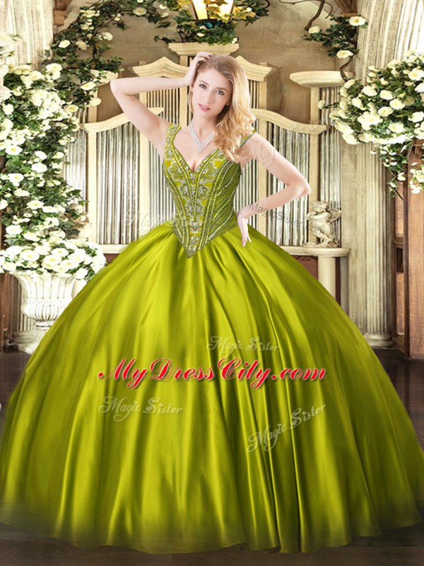 Delicate Beading Vestidos de Quinceanera Olive Green Lace Up Sleeveless Floor Length