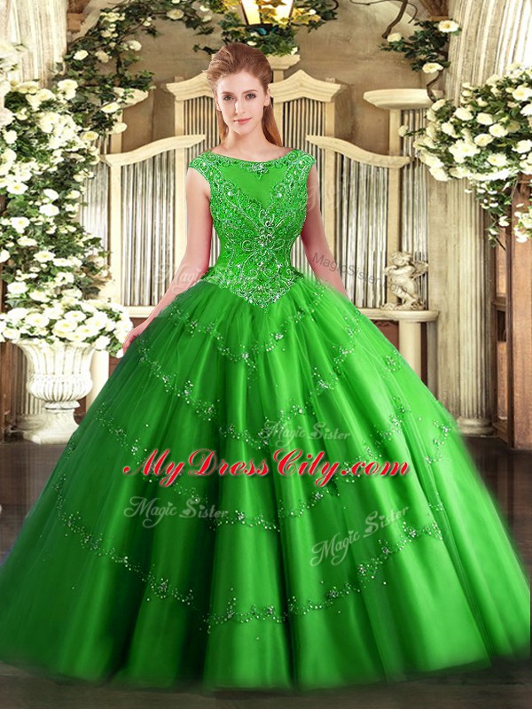 Green Ball Gowns Scoop Sleeveless Tulle Floor Length Zipper Beading and Appliques Quinceanera Dress