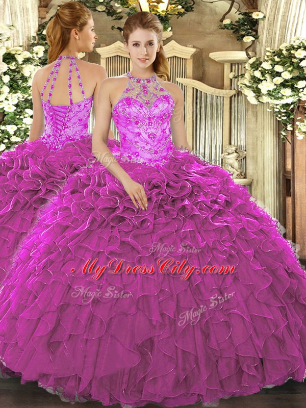 Glamorous Fuchsia Lace Up Halter Top Beading and Embroidery and Ruffles 15 Quinceanera Dress Organza Sleeveless