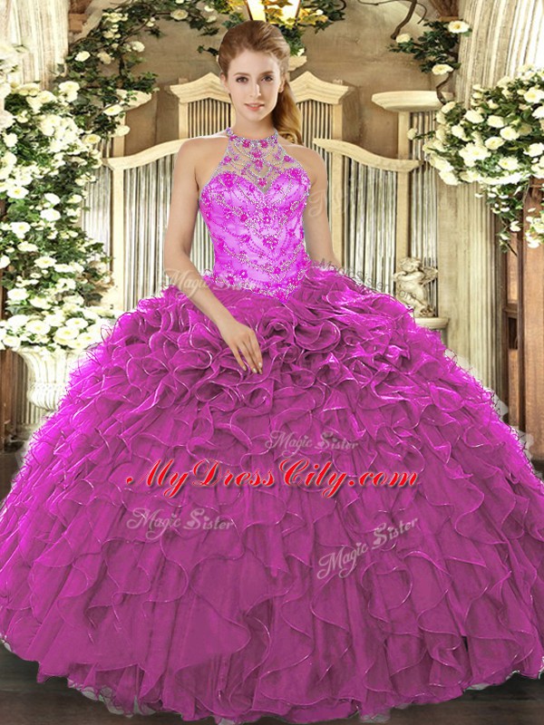 Glamorous Fuchsia Lace Up Halter Top Beading and Embroidery and Ruffles 15 Quinceanera Dress Organza Sleeveless