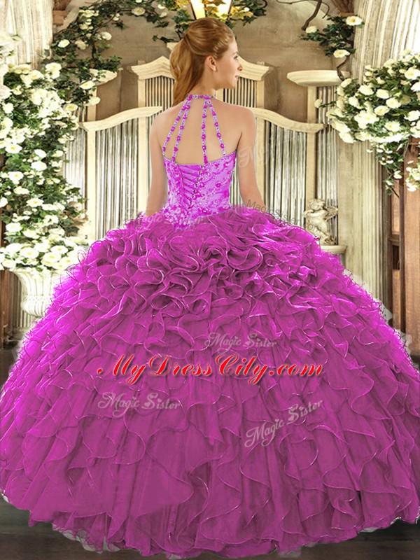 Glamorous Fuchsia Lace Up Halter Top Beading and Embroidery and Ruffles 15 Quinceanera Dress Organza Sleeveless