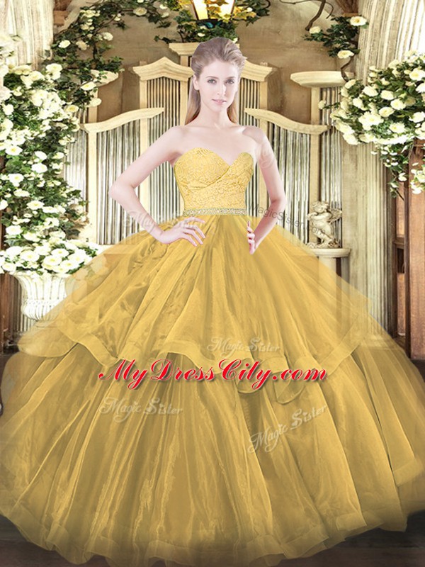 Chic Gold Sleeveless Brush Train Beading and Lace and Ruffled Layers Quinceanera Gown