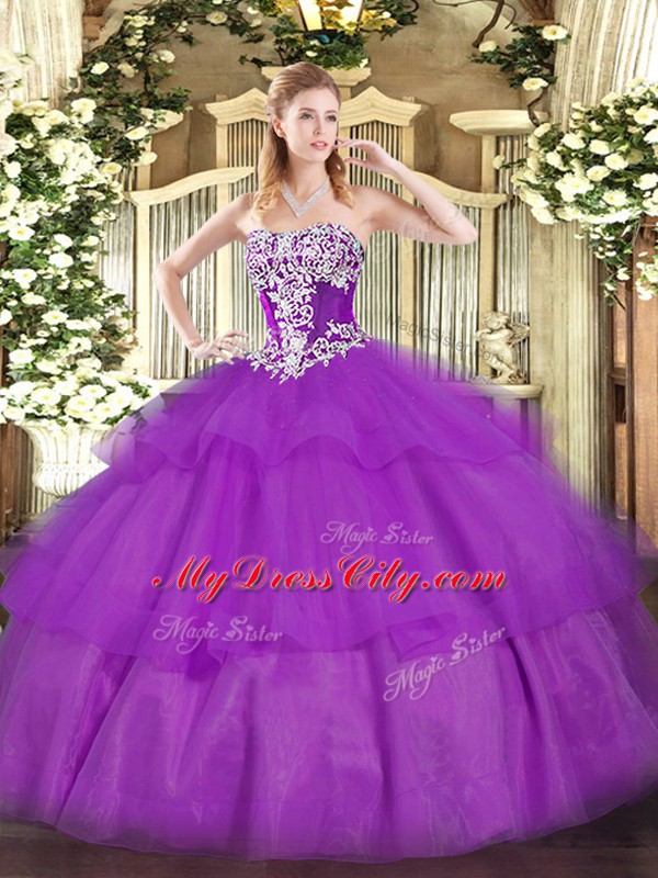 Elegant Tulle Sleeveless Floor Length Quince Ball Gowns and Beading and Ruffled Layers