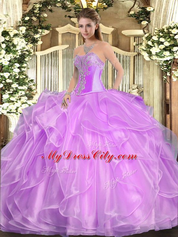 Lilac Sleeveless Floor Length Beading and Ruffles Lace Up Vestidos de Quinceanera