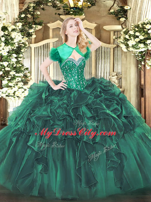 Dark Green Organza Lace Up Sweetheart Sleeveless Floor Length 15 Quinceanera Dress Beading and Ruffles