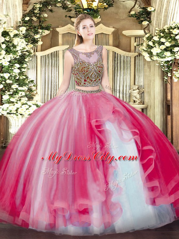 Custom Design Coral Red Two Pieces Scoop Sleeveless Tulle Floor Length Lace Up Beading and Ruffles Quinceanera Gowns