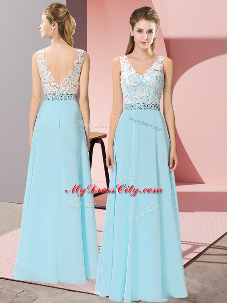 Chic Chiffon Sleeveless Floor Length Prom Dresses and Beading