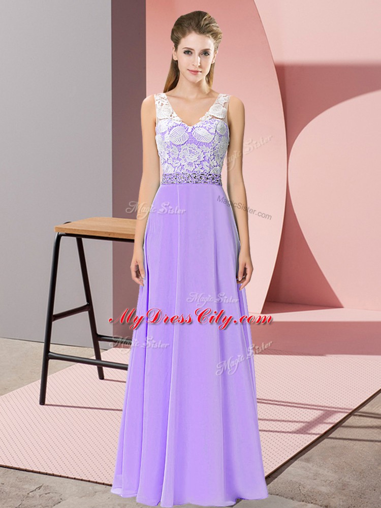 V-neck Sleeveless Floor Length Beading Lavender Chiffon