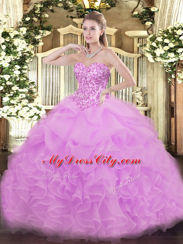 Lovely Lilac 15 Quinceanera Dress Sweet 16 and Quinceanera with Lace and Ruffles and Pick Ups Sweetheart Sleeveless Lace Up