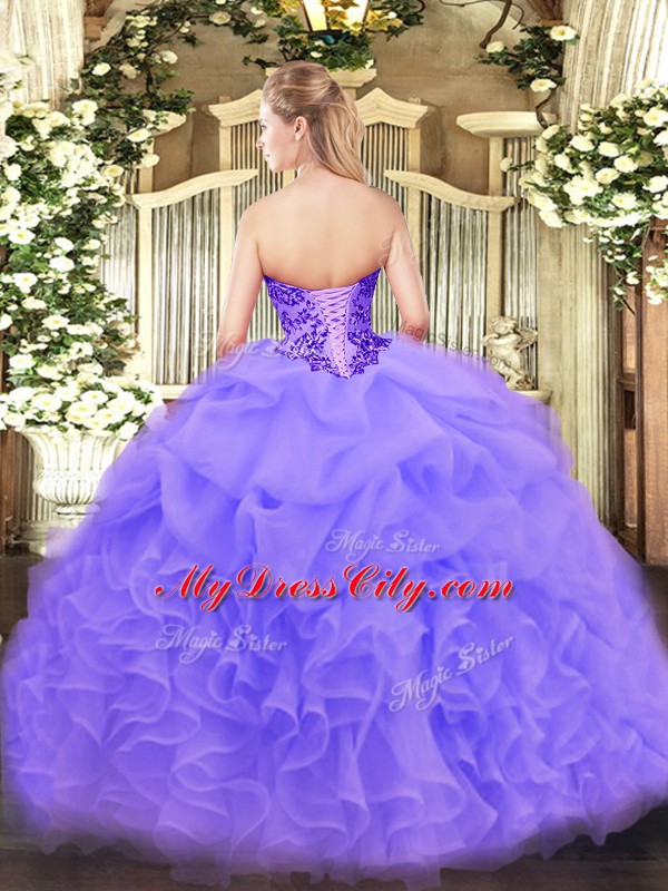 Lovely Lilac 15 Quinceanera Dress Sweet 16 and Quinceanera with Lace and Ruffles and Pick Ups Sweetheart Sleeveless Lace Up