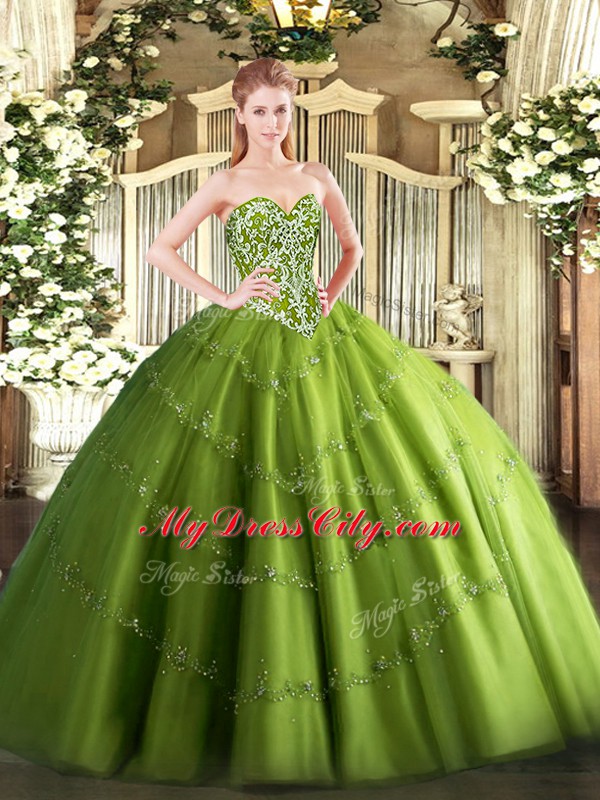 Flare Floor Length Olive Green Quince Ball Gowns Tulle Sleeveless Beading and Appliques