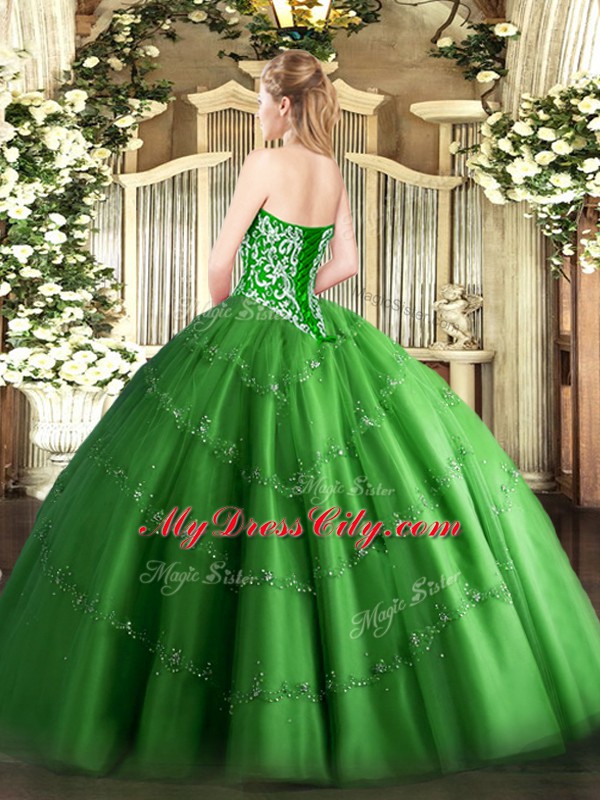 Flare Floor Length Olive Green Quince Ball Gowns Tulle Sleeveless Beading and Appliques