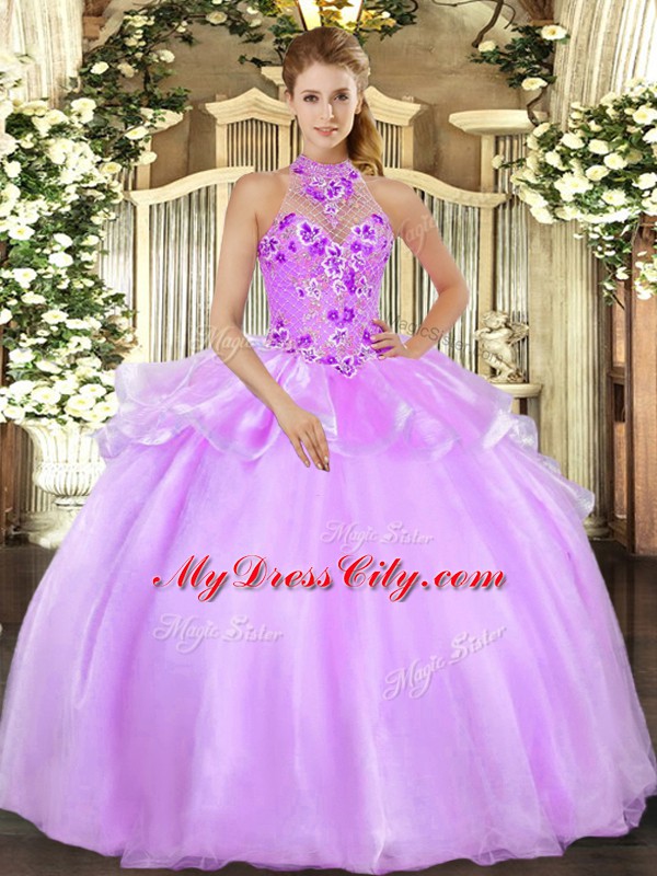 Nice Lilac Sleeveless Organza Lace Up Vestidos de Quinceanera for Military Ball and Sweet 16 and Quinceanera