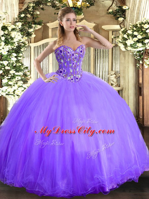 Lavender Ball Gowns Organza and Tulle Sweetheart Sleeveless Embroidery Floor Length Lace Up Vestidos de Quinceanera