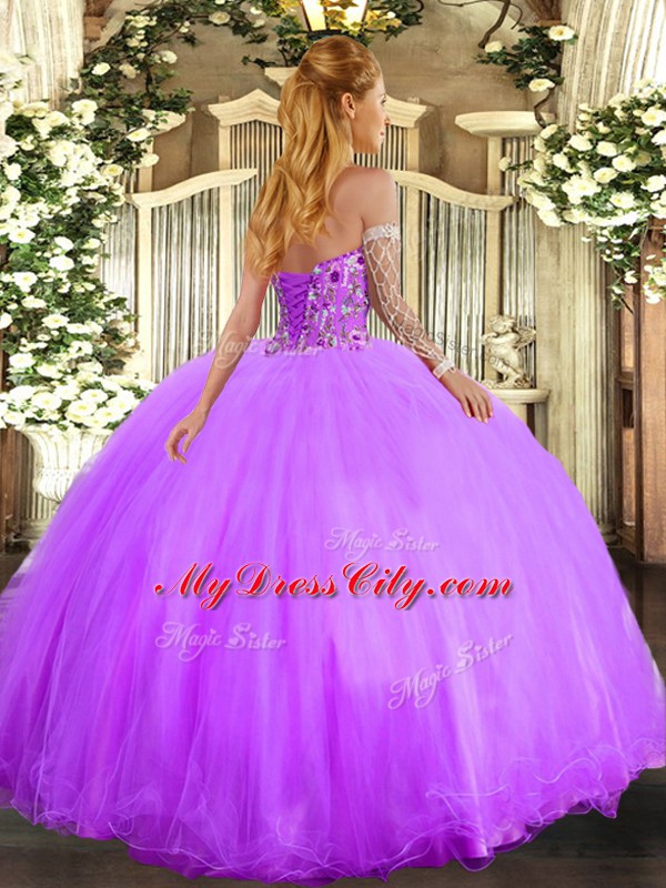 Lavender Ball Gowns Organza and Tulle Sweetheart Sleeveless Embroidery Floor Length Lace Up Vestidos de Quinceanera