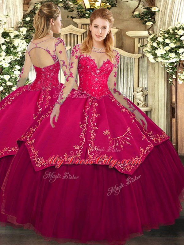 Free and Easy Long Sleeves Lace Up Floor Length Lace and Embroidery Quinceanera Gowns