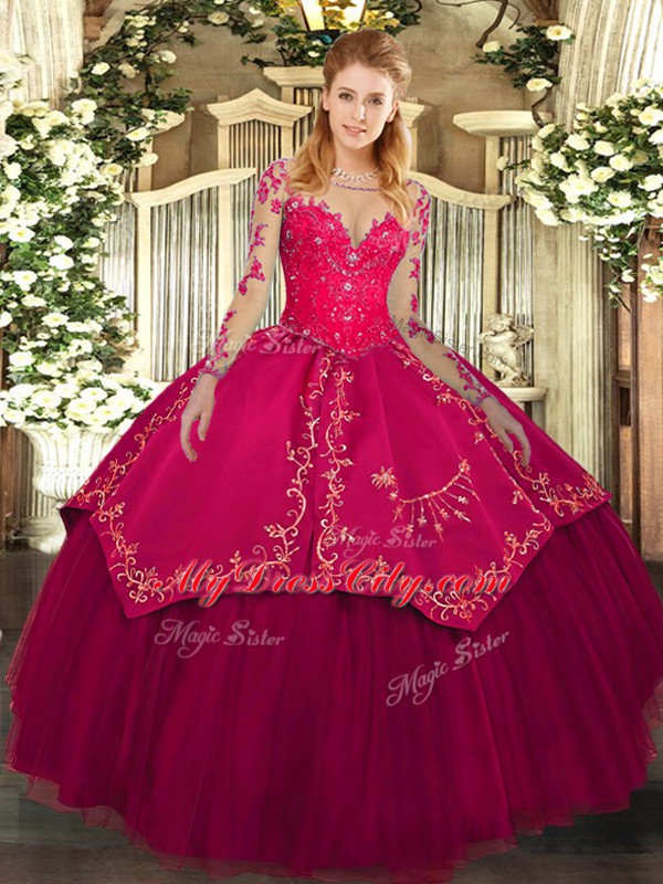 Free and Easy Long Sleeves Lace Up Floor Length Lace and Embroidery Quinceanera Gowns