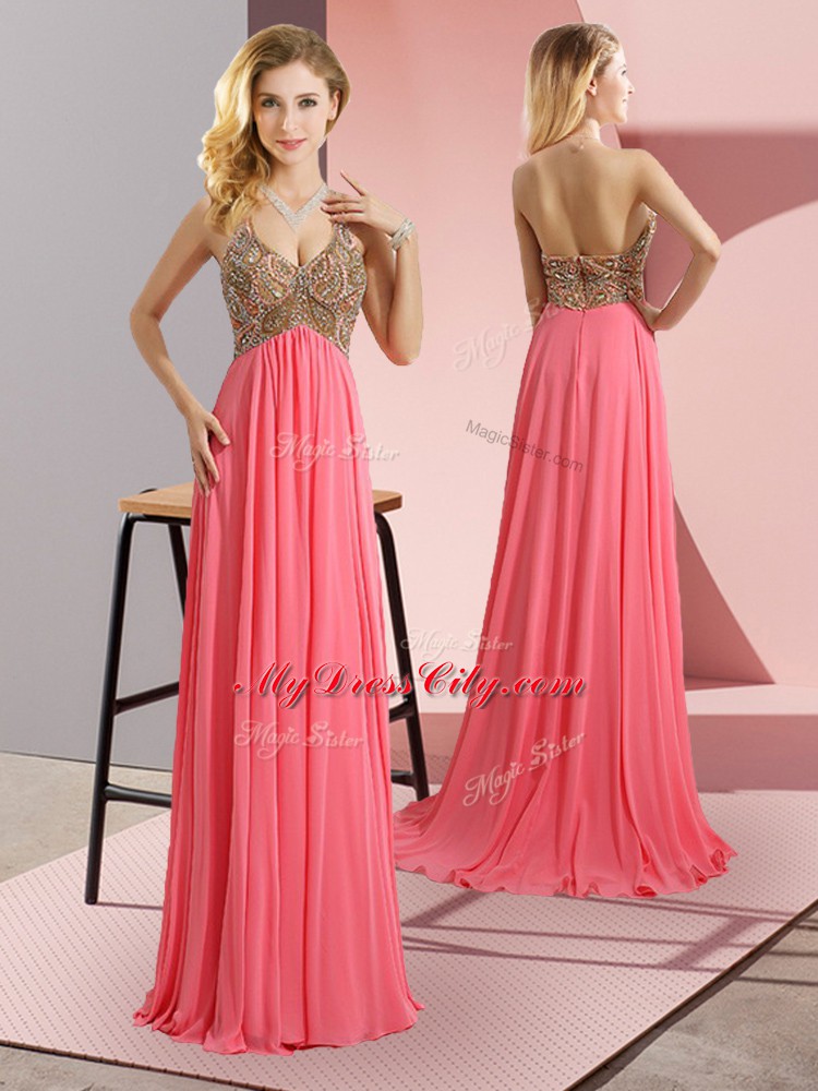 Floor Length Watermelon Red Dress for Prom Chiffon Sweep Train Sleeveless Beading