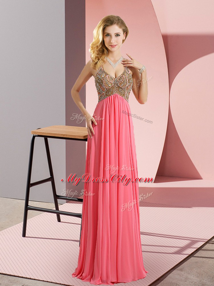 Floor Length Watermelon Red Dress for Prom Chiffon Sweep Train Sleeveless Beading