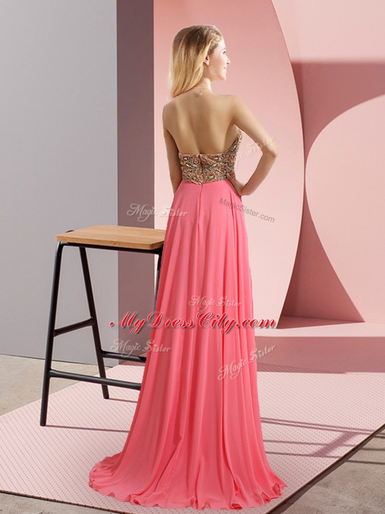 Floor Length Watermelon Red Dress for Prom Chiffon Sweep Train Sleeveless Beading