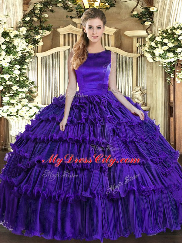 Low Price Purple Ball Gowns Ruffled Layers Sweet 16 Quinceanera Dress Lace Up Organza Sleeveless Floor Length