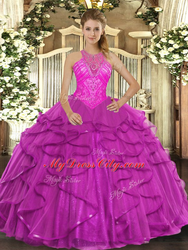 Fuchsia Ball Gowns Beading and Ruffles Quinceanera Gown Lace Up Organza Sleeveless Floor Length