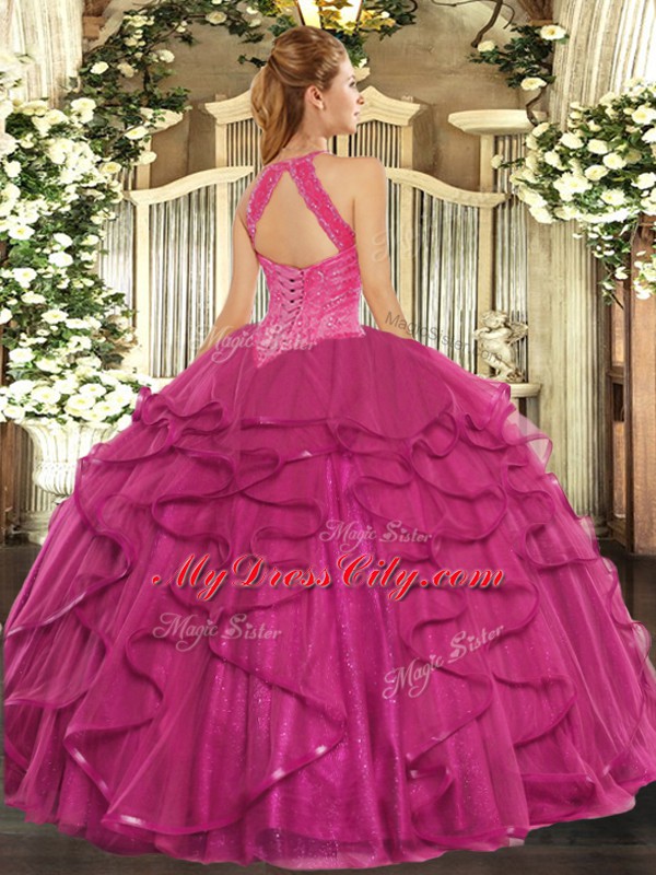 Fuchsia Ball Gowns Beading and Ruffles Quinceanera Gown Lace Up Organza Sleeveless Floor Length