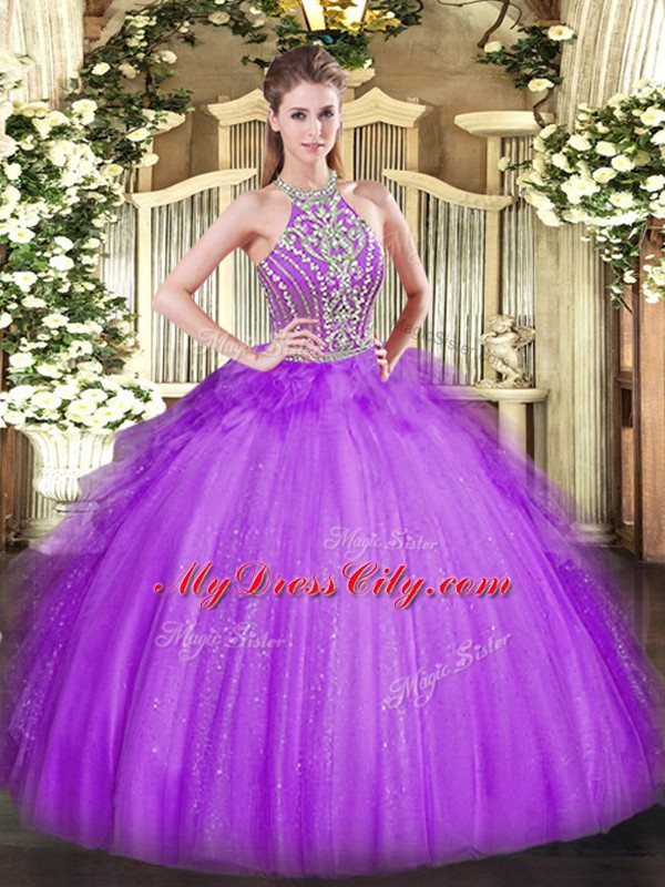 Lavender Ball Gowns Beading and Ruffles Quinceanera Dresses Lace Up Tulle Sleeveless Floor Length