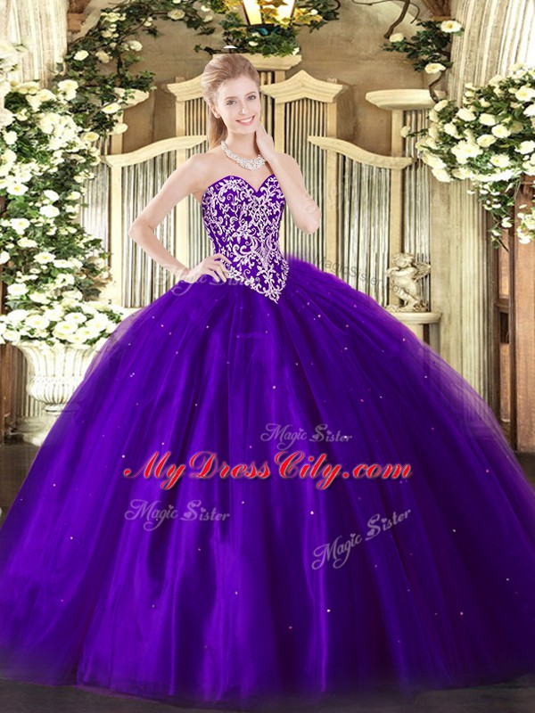 Ideal Ball Gowns Sweet 16 Quinceanera Dress Purple Sweetheart Tulle Sleeveless Floor Length Lace Up