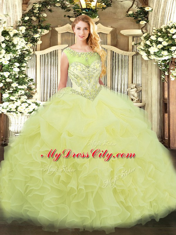 Dramatic Scoop Sleeveless Organza Quince Ball Gowns Beading and Ruffles Zipper